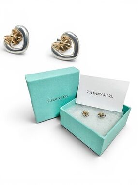 Tiffany & Co. Engraved 925 Silver Heart & 18K Gold Bow Stud Earrings Set w.Box